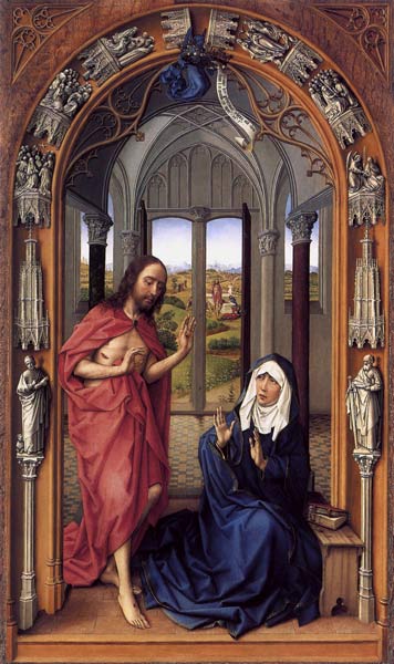 Christ seems Marienaltar, right wing, to Maria -- a Rogier van der Weyden