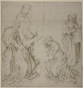 Am Fuße des Kreuzes die beiden Marien, rechts die Heilige Veronika, links Johannes