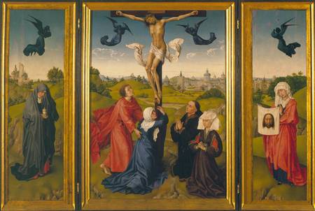 Crucifixion triptych with St. Mary Magdalene, St. Veronica and unknown Patrons a Rogier van der Weyden
