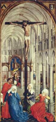 The seven sacraments, middle section -- crucifixion in a church a Rogier van der Weyden