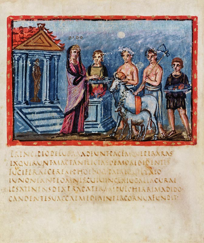Lat 3225 f.33v Dido making a sacrifice, from The Vergilius Vaticanus a Arte Romana