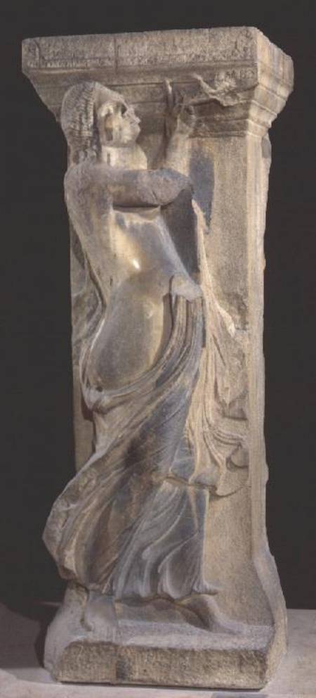 Decorated stone pillar with a bacchante playing a double flute a Arte Romana