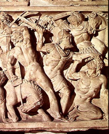 Detail of a sarcophagus depicting a battle between Romans and Galatians a Arte Romana