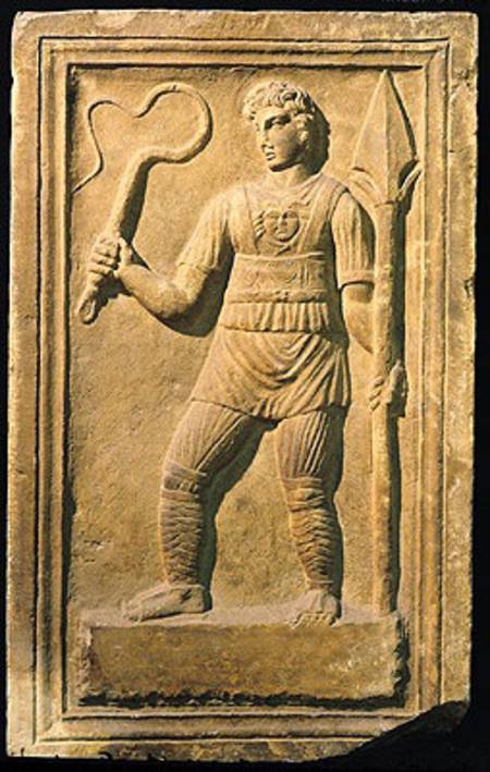 Relief depicting a gladiator holding a whip and a spear a Arte Romana
