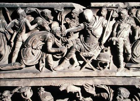 Relief from a sarcophagus depicting the submission of a barbarian to a Roman general a Arte Romana