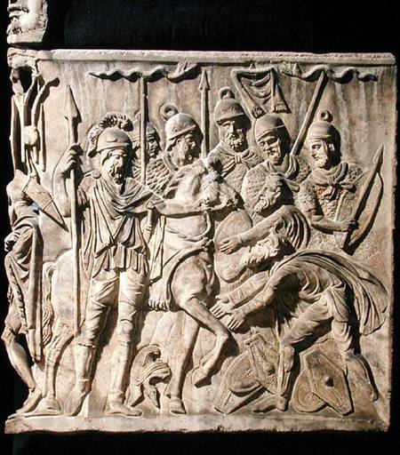 Relief from a sarcophagus depicting the submission of a barbarian to a Roman troop a Arte Romana