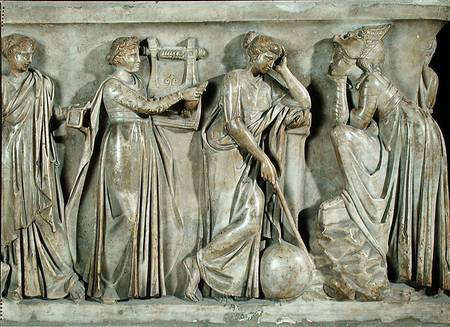 Sarcophagus of the Muses, detail depicting Terpsichore, Urania and Melpomene a Arte Romana
