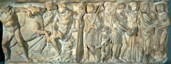 Sarcophagus depicting Jason and the fire breathing bull at Colchis a Arte Romana