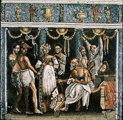 Actors rehearsing for a Satyr play, c.62-79 AD (mosaic) a Roman 1st century AD