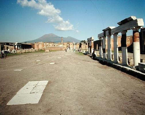 View of the Forum with Vesuvius in the background (photo) a Roman 1st century BC