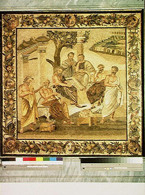 Plato conversing with his pupils, from the House of T. Siminius. Pompeii (mosaic) (see also 103401) a Roman 1st century BC
