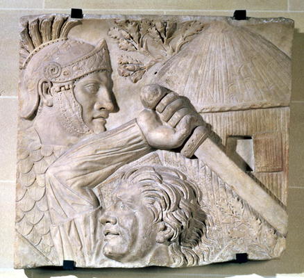 Relief depicting a Barbarian fighting a Roman legionary (stone) a Roman 2nd century AD