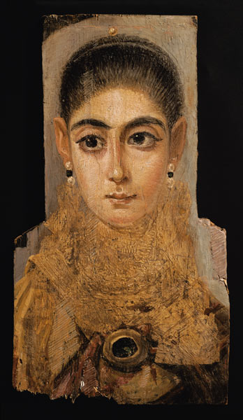 Portrait of a woman wearing a gold pectoral, tomb decoration, from Fayum, 120-130 AD (encaustic wax a Roman Period Egyptian