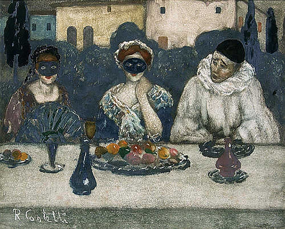 Two masked ladies and a Pierrot at a table a Romeo Costetti