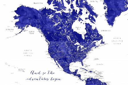 Adventure map of North America in cobalt blue