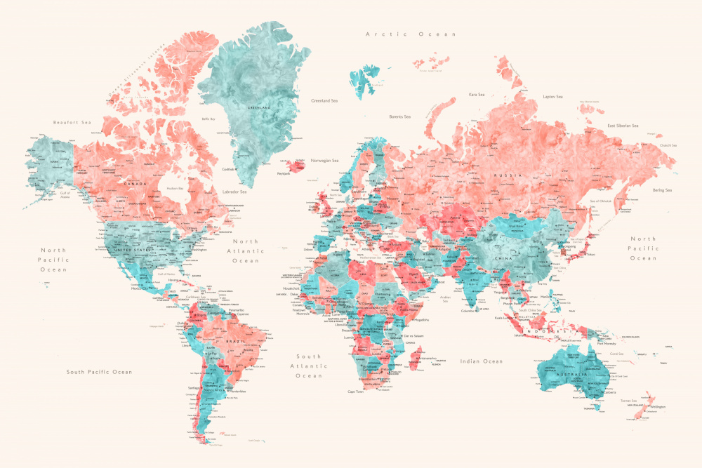 Mappa del mondo ad acquerello con città a Rosana Laiz Blursbyai