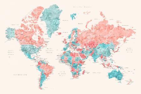 Mappa del mondo ad acquerello con città