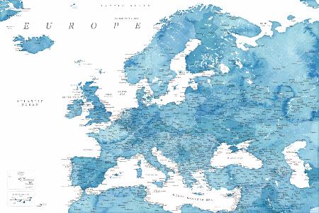 Blue detailed map of Europe