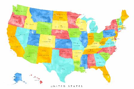 Colorful map of the United States with States and State capitals