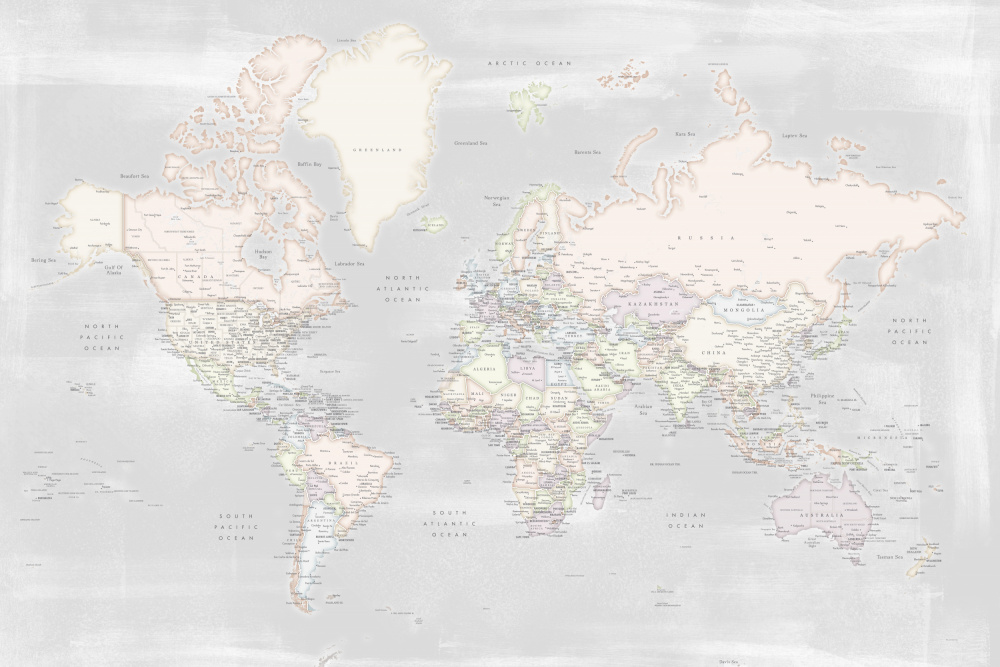 Detailed world map with cities, Maeli pastels a Rosana Laiz Blursbyai