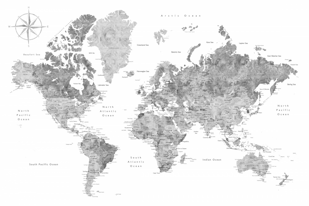 Grayscale watercolor world map with cities, Rylan a Rosana Laiz Blursbyai