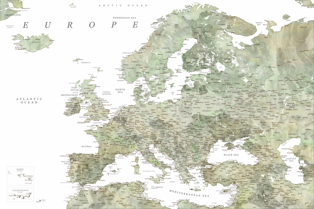 Green detailed map of Europe a Rosana Laiz Blursbyai
