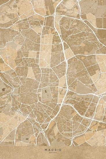 Map of Madrid (Spain) in sepia vintage style