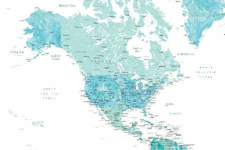 Map of North America in aquamarine watercolor