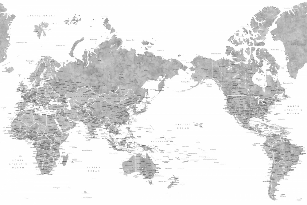 Pacific centered world map in gray watercolor a Rosana Laiz Blursbyai