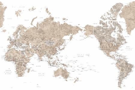 Pacific centered world map in taupe