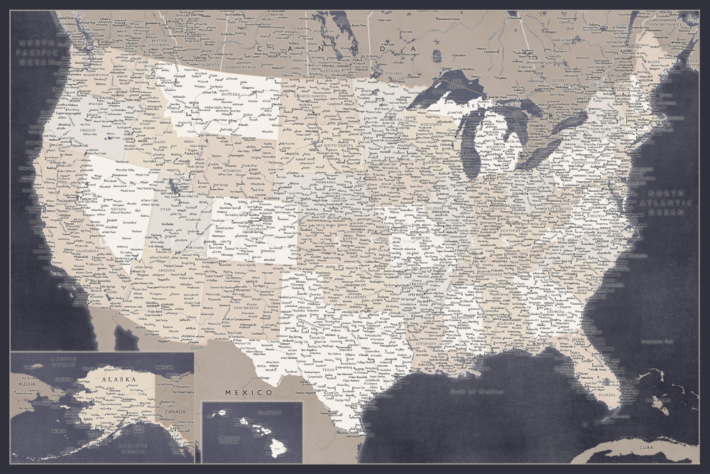 Highly detailed map of the United States, Glyn a Rosana Laiz Blursbyai