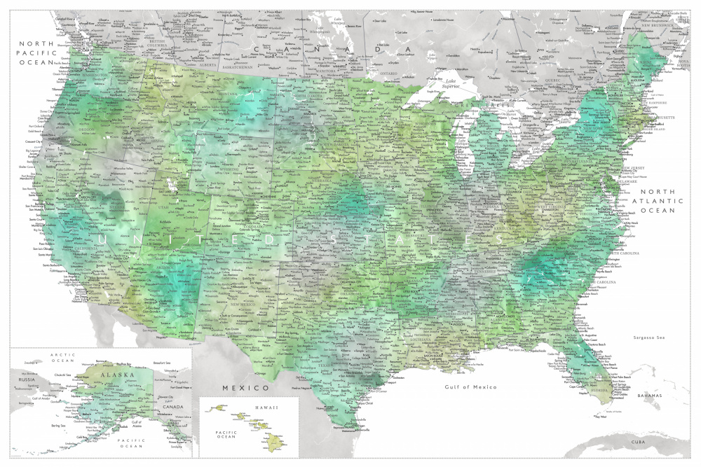 Highly detailed map of the United States, Oriole a Rosana Laiz Blursbyai