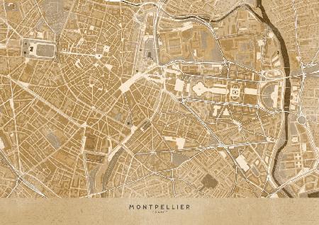Sepia vintage map of Montpellier downtown France
