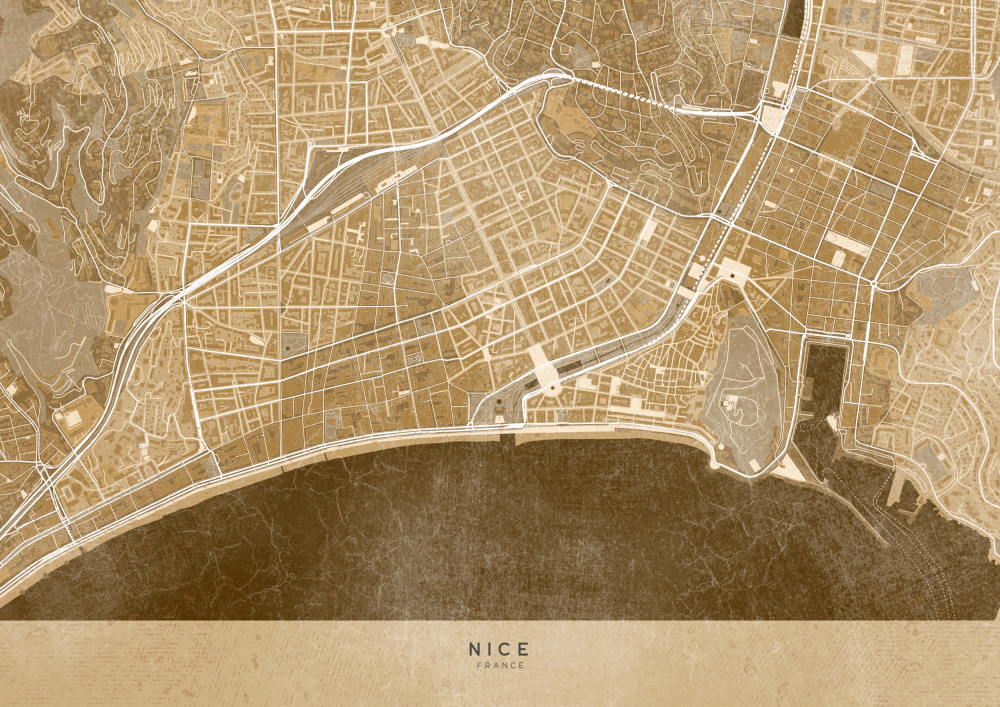 Sepia vintage map of Nice downtown France a Rosana Laiz Blursbyai