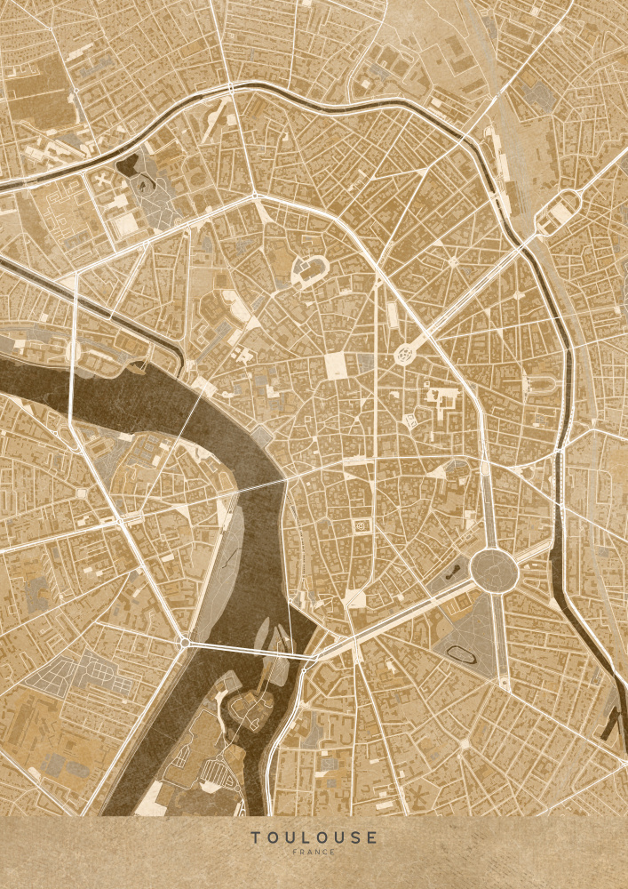 Sepia vintage map of Toulouse downtown France a Rosana Laiz Blursbyai