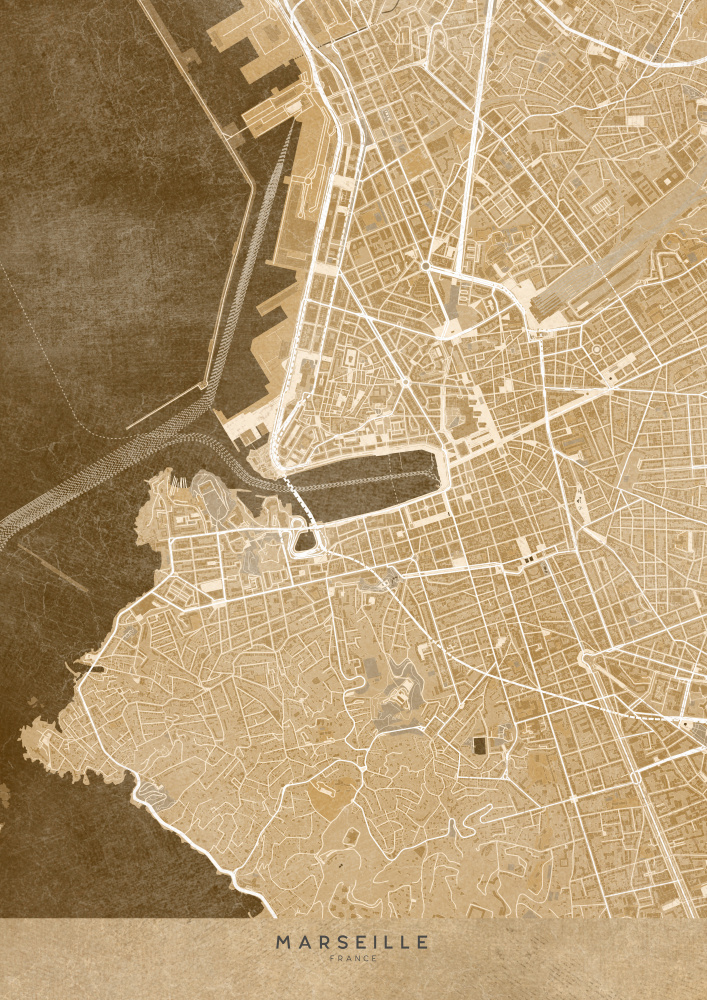Sepia vintage map of Marseille France a Rosana Laiz Blursbyai