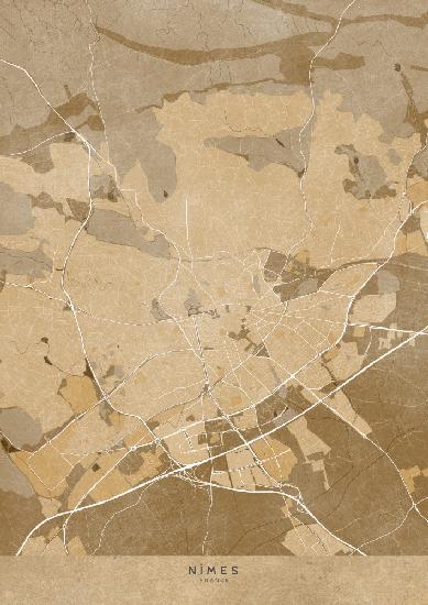 Sepia vintage map of Nîmes France