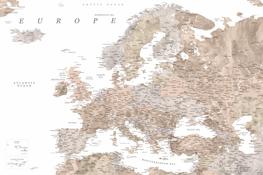 Taupe detailed map of Europe a Rosana Laiz Blursbyai