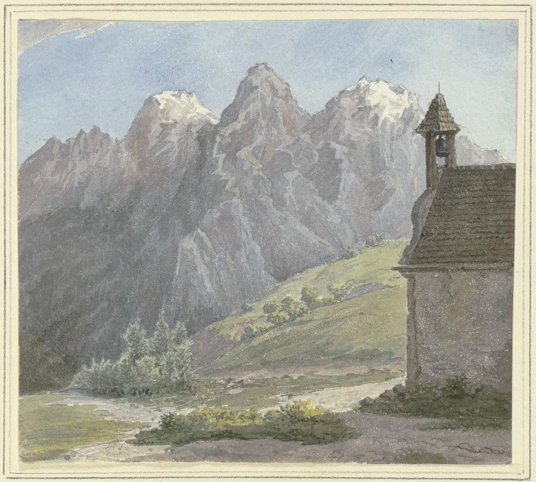 Berggipfel in den Alpen, vorne eine Kapelle a Rudolf Maria Bernhard von Stillfried-Alcantara
