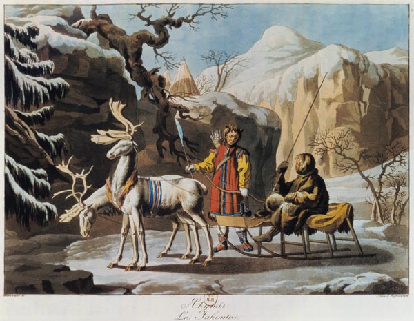 Yakuts of central Siberia in winter landscape, clad in furs and with a reindeer sledge a Scuola Russa