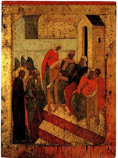 Christ before Pilate, c.1497 (tempera & gold leaf on panel) a Scuola Russa