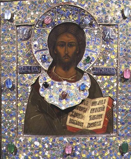 Christ Pantocrator, icon  panel with gilt and cloisonne enamel frame) a Scuola Russa
