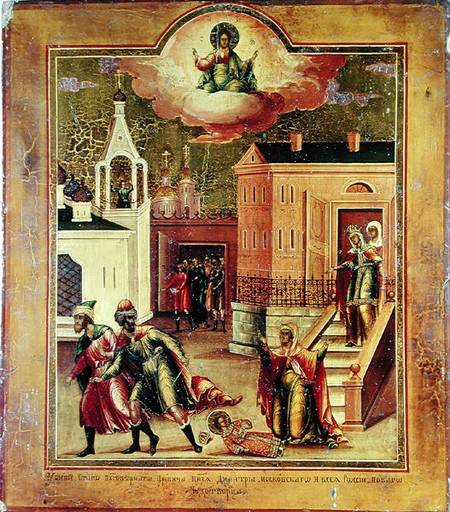 Icon depicting the Assasination of Dmitri Ivanovich (1583-91) in Ouglicht a Scuola Russa