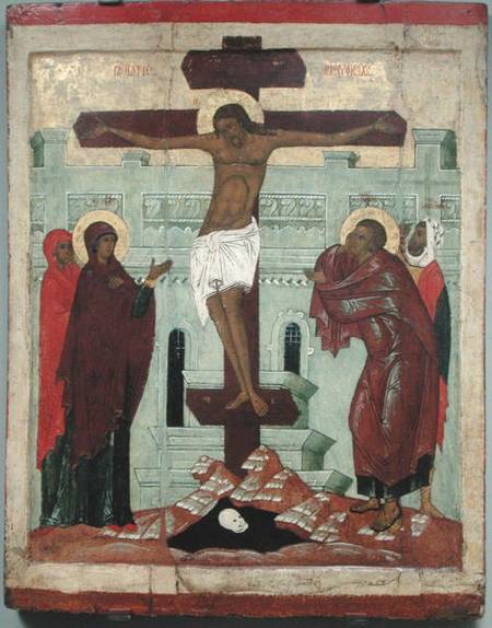Icon depicting the Crucifixion with the Virgin, Mary Magdalene, St. John and the Centurion Longinus, a Scuola Russa
