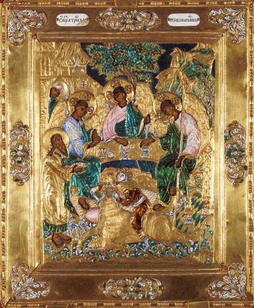 Icon depicting Abraham and the Three Angels, Moscow School (enamel) a Scuola Russa