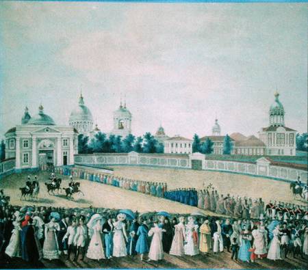 The Visit of Alexander I (1777-1825) to the Alexander Nevsky Monastery a Scuola Russa