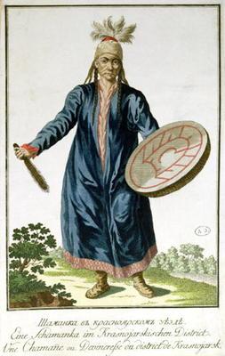 A Shaman from Krasnoiarsk, 18th century (coloured engraving)