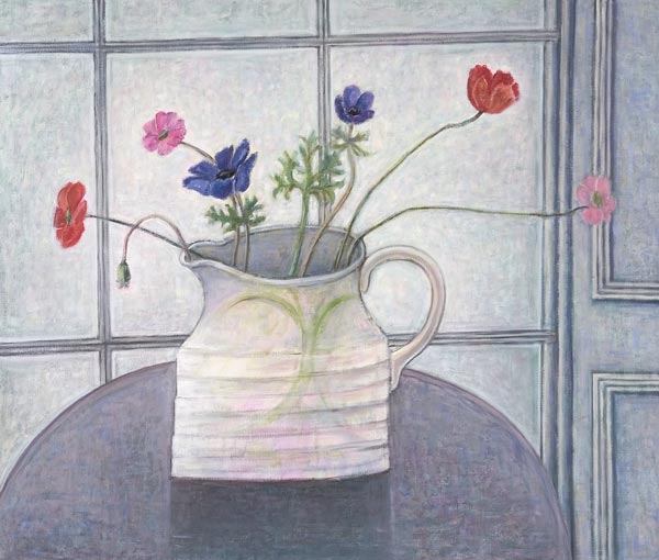 Anemones and Poppies, 2008 (oil on canvas) jug; flowers; still life; inetrior; window; table; white  a Ruth  Addinall