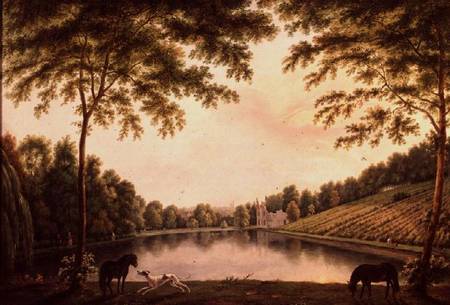 A View of the Lake and ruins of the Abbey at Painshill, Surrey a S. Barrett