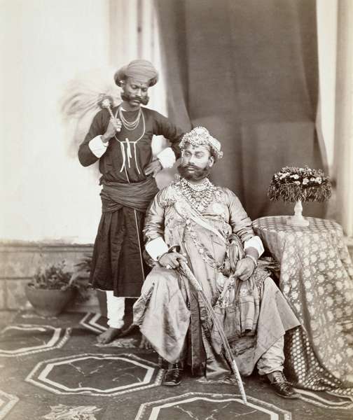 His Highness Maharaja Tukoji Rao (1844-86) II of Indore and attendant, 1877 (albumen print)  a S. Bourne